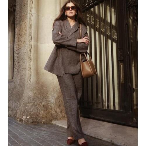 Linen Blended Notched Collar Double-breasted V Neck Loose Blazer Women Long Pants Blue /Brown Colour