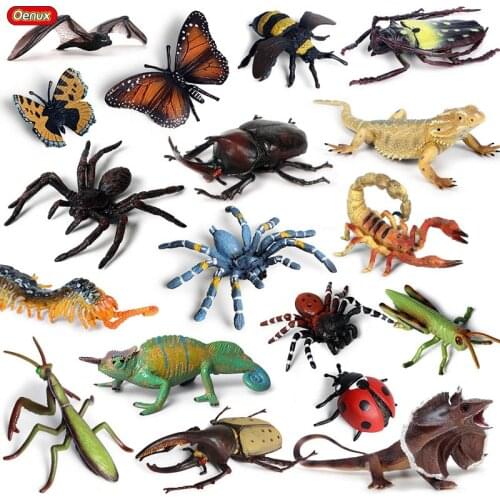 Oenux Wild Insect Animals Model Forest Lizard Butterfly Spider Bee Action Figures Figurine PVC Miniature Educational Toys Gift