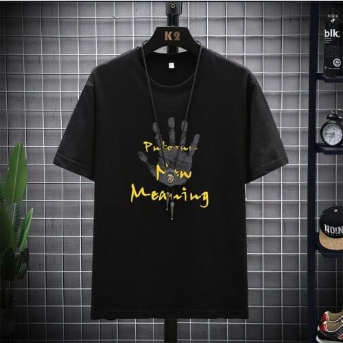 Mens T-shirt Short-Sleeved Summer New Cotton Palm Print Thin Loose Large Size Korean Trend T-shirt