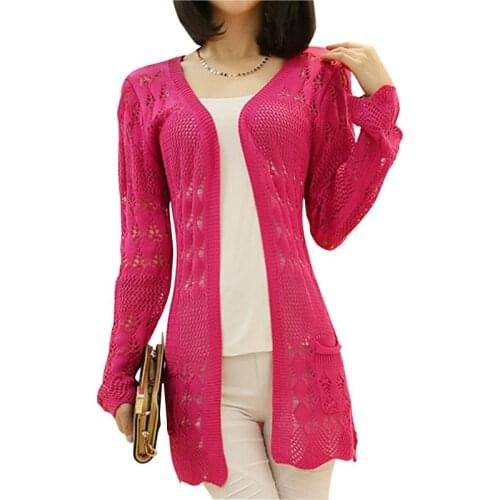 2021 Korean Knitted Cardigan Loose Hollow Full Sleeve Sunscreen Coat Women Summer Pink Elegant Sweater Cardigans Female LD1977