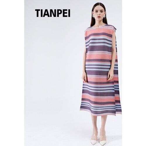 Miyake Pleated Sundress Women dresses summer 2020 sleeveless loose double folding pink striped korean vintage dress omighty