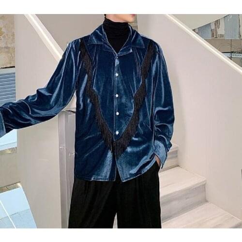 Mens Vintage Velvet Tassel Fashion Solid Long Sleeve Shirt Mens Loose Casual Youth Temperament Shirt