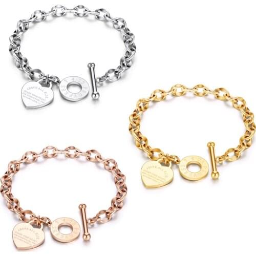 Stainless Steel 18cm Heart Pendant Bracelet charms wedding Jewelry Gift for Women Girls