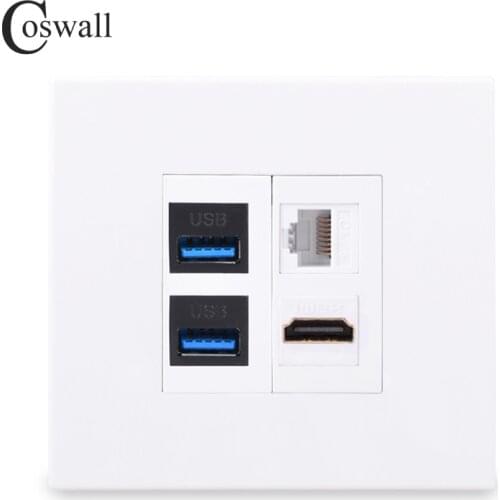 Coswall PC Panel EU / UK Standard Wall Panel Female to Female HDMI-compatible 2.0 & 2 USB 3.0 Port + CAT6 RJ45 Internet Socket