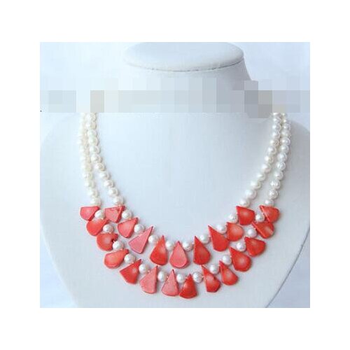 Stunning 2rows 7mm round white pearls red coral beads necklace