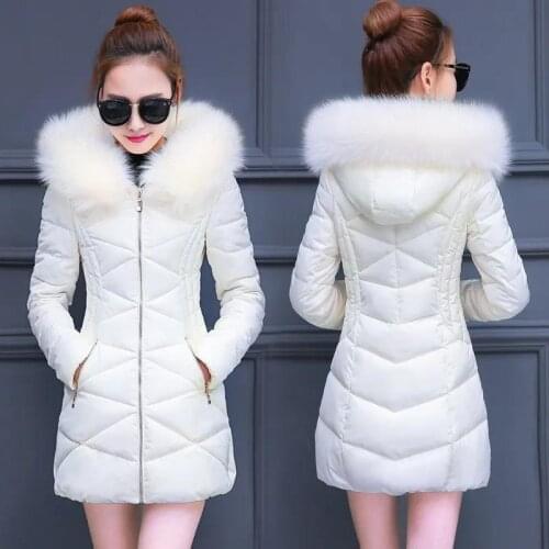 2021 Winter New Down Cotton Jacket Women Mid-Length Cotton Coat Large Fur Collar Thick Coats White Hooded Overcoat Parka Female
