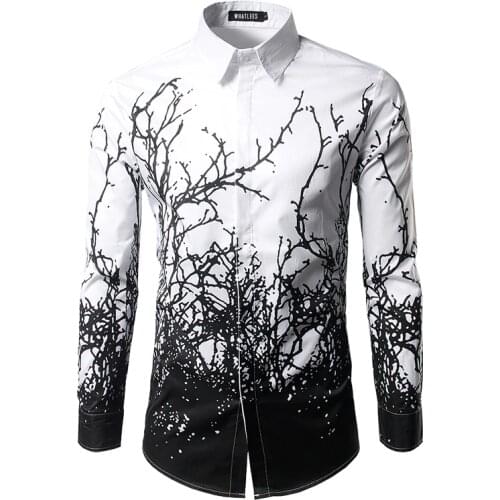 Luxury Shirt Men 2017 Brand Branches Ink Printing Mens Dress Shirts Casual Slim Fit White Black Chemise Homme Cotton Shirts Men