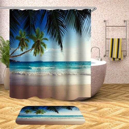 Seaside Ocean Scenic Sea Star Shower Curtains set with Rod Frabic Waterproof shower curtain in Polyester Bath for Bathroom