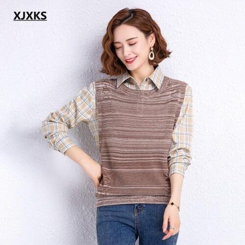 XJXKS 2021 autumn new fashion women fake two-piece sweater high-end comfortable stitching cotton sleeve women sweater pullover