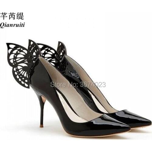 Qianruiti Party Shoes Women Patent Leather Butterfly Pumps Pointed Toe High Heels Slip on Wings Talons Prom Pumps 10 cm Heels