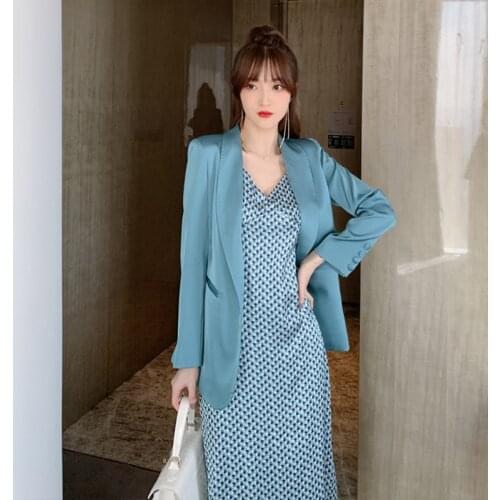 Spring autumn new arrival fashion formal dress suits simple blazer and print strap sexy long a-line dress high quality cute sets