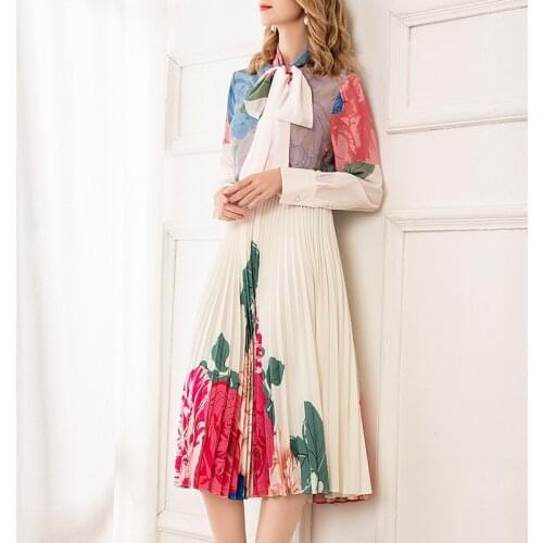 Fashion 100% Silk Runway 2021 High Quality Bow Collar Flower Print Office Ladies Party Elegant Blouse Top