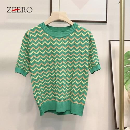 Women Summer Casual Hollow Out Stripe Knitted Short Sleeve Tops Thin Short T-Shirt Fashion Plus Size 2XL O-Neck Tees Female Tees