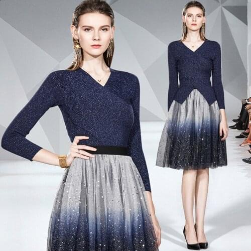 2020 New Autumn Work Clothes Set Cotton Full Office Lady Spray Gold Elegant Set Gradient Lace V-Neck Elastic Waist Dark Bule Set