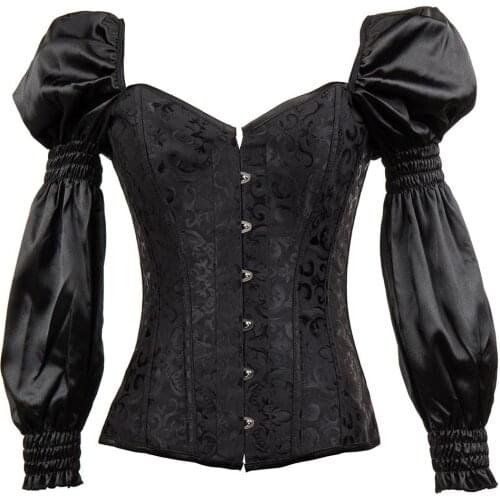 Victorian Retro Corset Sexy Bustier Puff Long Sleeve Black Gothic Tops Plus Size Lace Up Korsett For Women Steampunk Clothing