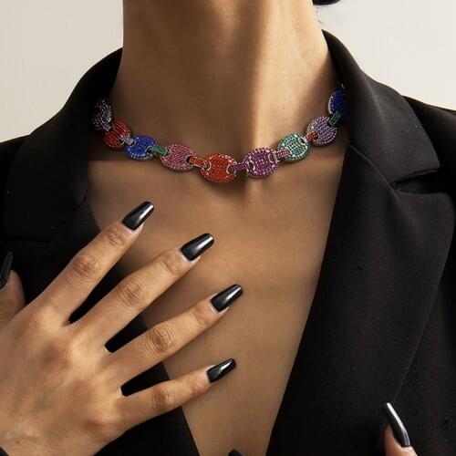 Temperament OL wind slightly color rhinestone necklac with fashion simple wild Cuban chain clavicle chain for female wedding