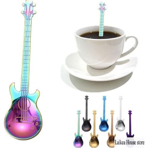 7PCS/Set Stainless Steel Coffee Spoons Gold-plated Guitar Spoon Milk Coffee Tea Spoon Ice Cream Candy Teaspoon Flatware Scoop