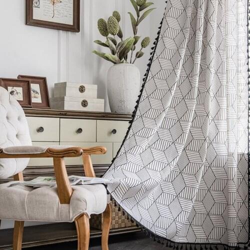 American Three-dimensional Geometric Printing Curtain Semi-shading Living Room Bedroom Bay Window Kitchen Rod Curtain