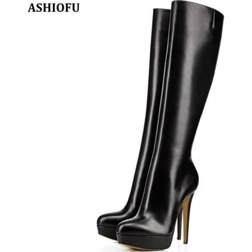 ASHIOFU Handmade Ladies High Heel Platform Boots Round-toe Sexy Club Party Knee Boots Winter Fashion Evening Boots Shoes