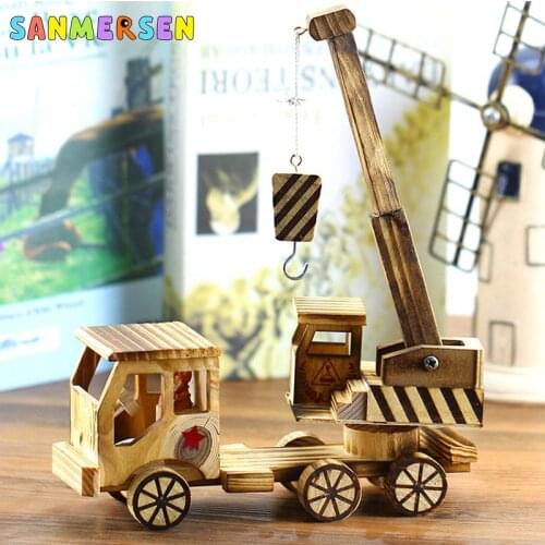 Children Wooden Toys Simulation Wood Crane Model Engineering Vehicle Model Home Office School Decoration Car For Kids Baby Gifts