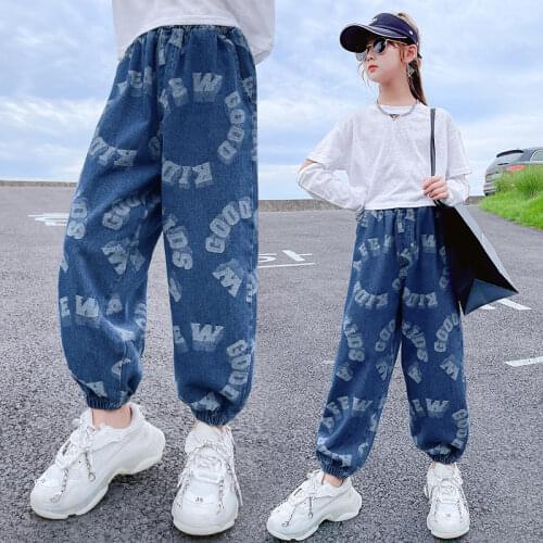 Spring Kids Jeans Girl Letter Print Jeans Children Blue Black Denim Pants Autumn Casual Korean Teen Clothes 6 8 10 12 14 Years