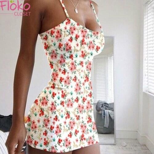 Flokocloset Spaghetti Strap Print Dress Sleeveless Mini Sundress Sexy Backless Women summer Party Club Dresses Holiday