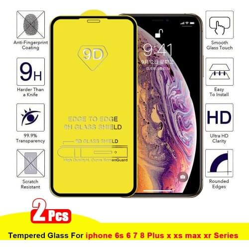 2Pcs For iphone x xs max xr screen protector 9D Curved Full Glue protective Glass For iphone 6s 6 7 8 Plus Tempered Glass Film