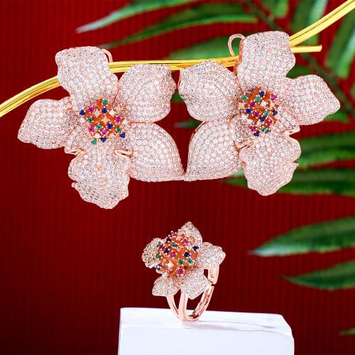 GODKI 49mm Exclusive Super Luxury Floral Flower Blossom Cubic Zirconia Women Bridal Engagement Earring Ring Jewelry Sets