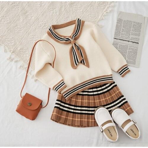 2Pcs Girls Classic Clothing Set Autumn Knitting Long Sleeves Kids Princess Top and Skirt Birthday School Uniform Clothes 1-8 Ys