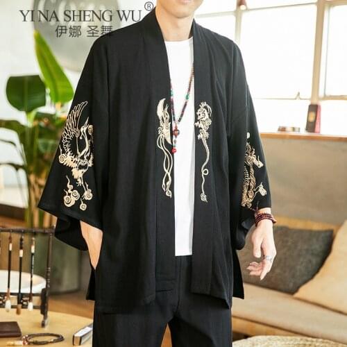 Japanese Kimono Jacket Chinese Embroidery Harajuku Hip Hop Men Japan Streetwear Jacket Summer Thin Clothing Loose Kimono Coat
