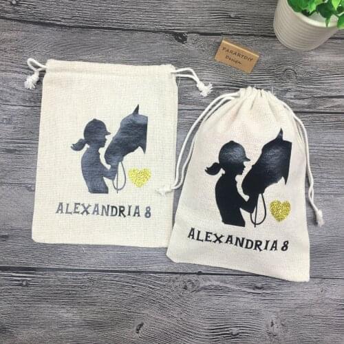 Custom Equestrian Horse Girl with Glitter Heart birthday supply Favor Bags, Pony Party English Saddle Dressage Goodie Bags