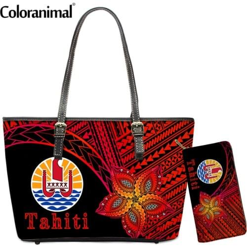 Coloranimal 2021 Fashion Style Ladies PU Leather Handbag Tahiti and Polynesian Tropical Plumeria Printed Ladies Shoulder Bolsa