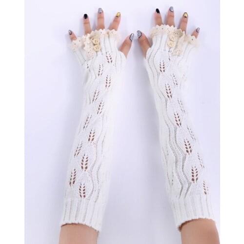 YOZIRON Fashion Spring Autumn Winter Women Lace Fingerless Long Gloves Adult Solid Polyester Wool Feminina Luvas Mitten