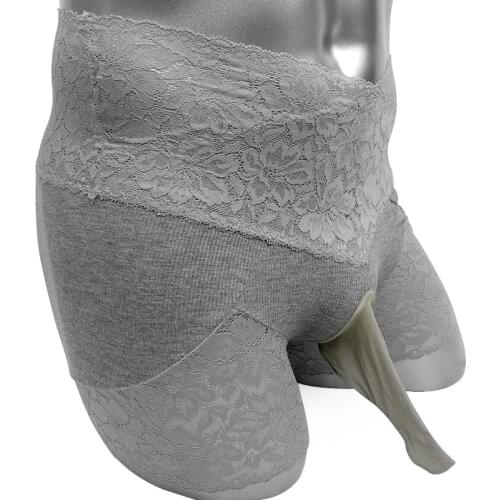 Mens Lace Boxers Underwear with Penis Sleeve Sissy Panties Gay Bottom Sexy Penis Sheath Wet Look Sissy Pouch Panties Underpants