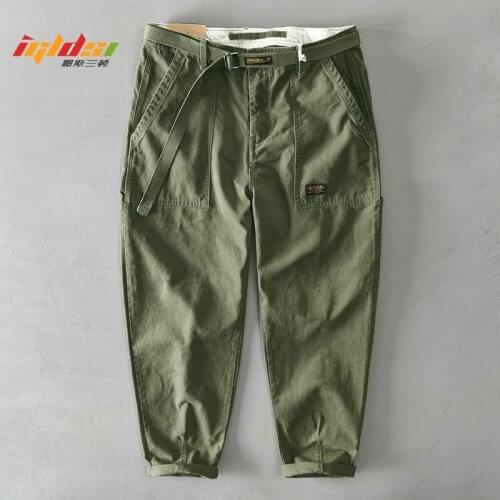 Mens Spring Pure Cotton Solid Cargo Pants Korean Style Male Autumn Casual Loose Belt Mid Waist Slim Fit Pencil Long Trousers