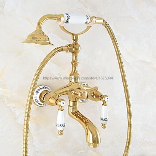 Wall Mounted Gold Color Brass Clawfoot Bathtub Faucet telephone style Bath Shower Water Mixer tap with Handshower Nna816