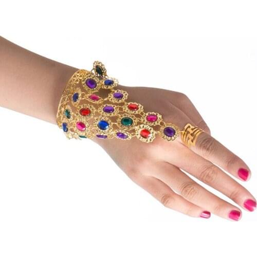 Wholesale Belly Dance Costume Accessory Bollywood Colored Rhinestones Plated Jewelry Set Indian Necklace & Bracelets