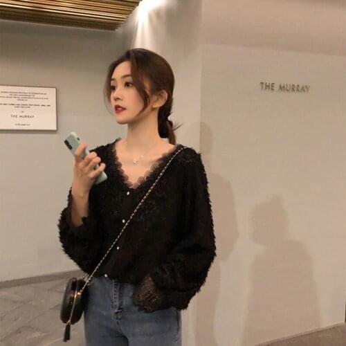 Shirts Women Long Sleeve Loose V-Neck Soft Casual Shirt Stylish Elegant Korean Style Female Blouse All-match Lace Popular Simple