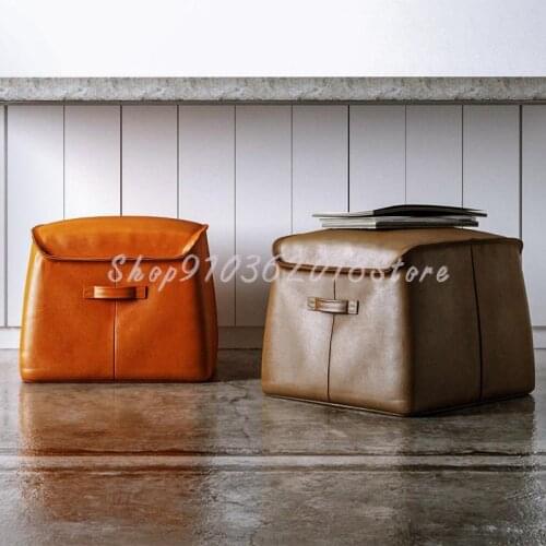 Nordic square leather shoe changing stool American leather art sofa stool with handle small stool leather pier cloakroom stool