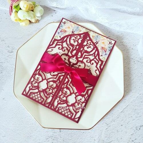 Burgundy Shiny Personalized Print Laser Cut Wedding Invitation Cards with Ribbon DIY Editable Invites for Tea Party 50pcs