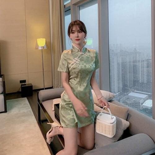 2021 Chinese Traditional Print Floral Cheongsam Top and Shorts Ladies Retro Two Piece Set Fashion Qipao Dress for Women Clothing