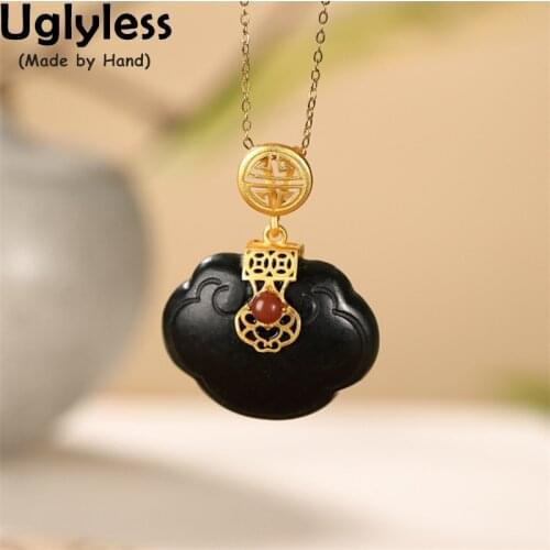 Uglyless Natural Dark Green Jade Pendants for Women RUYI China Chic Vintage 925 Silver Necklaces Gold Gemstones Jewelry + Chain