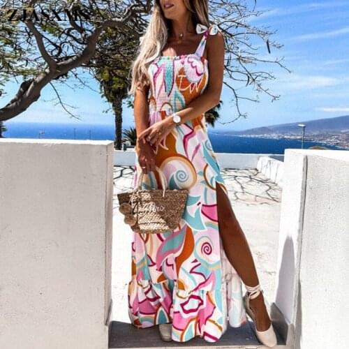 Spring Slash Neck Floral Print Slit Long Dress Boho Summer Off Shoulder Tie-up Bow Party Dress Women Backless Loose Maxi Dresses