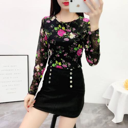 Womens Spring Autumn Style Lace Blouse Shirt Womens Casual Printed Long Sleeve O-Neck Elegant Mesh Tops SP1187