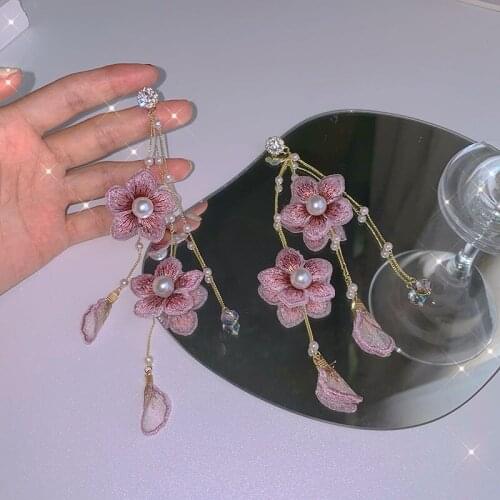 Origin Summer Vintage Fabric Flower Long Tassel Dangle Earring for Women Pink Simulation Pearl Rhinestone Earring Jewellery