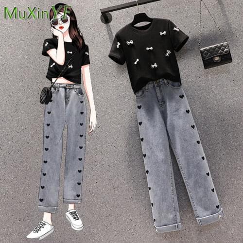 Womens Pantsuit 2021 Summer Simple Plus Size T-shirt Jeans Two-piece Korean Fashion Casual Crop Top Denim Pants Trouser Suit