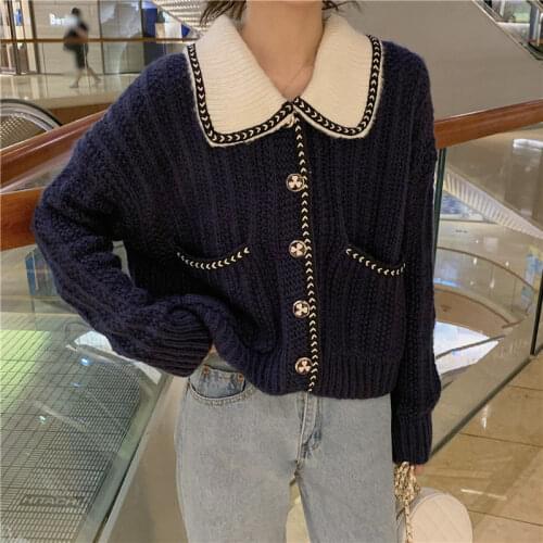 Woman Sweaters Cardigan Womens Long-Sleeved Sweater for Autumn Contrast Color Lapels Loose Pockets