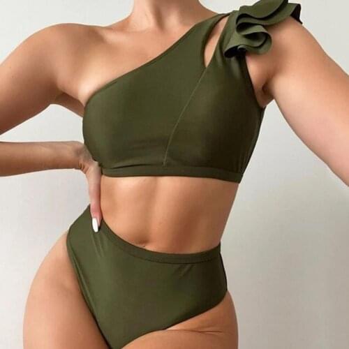 One Shoulder Army Green Women Swimwear Set High Waist Two-piece Ruffle Bandeau Bra Briefs Swimsuit Bikini Bathing Suit for Beach