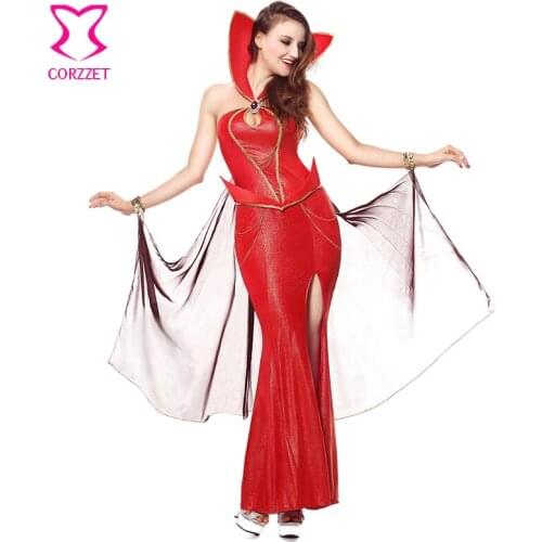 Red Vinyl Stand Collar Long Split Devil Queen Cosplay Gothic Fancy Dress Adult Sexy Vampire Costume Halloween Costumes For Women