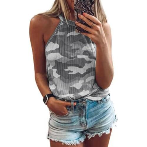 Summer 2021 Europe and America Cross Border Womens Camo Print Sleeveless Hanging Neck Vest Top
